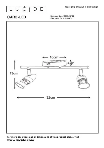 Lucide CARO-LED - Deckenstrahler - LED - GU10 - 2x5W 2700K - Weiß - TECHNISCH